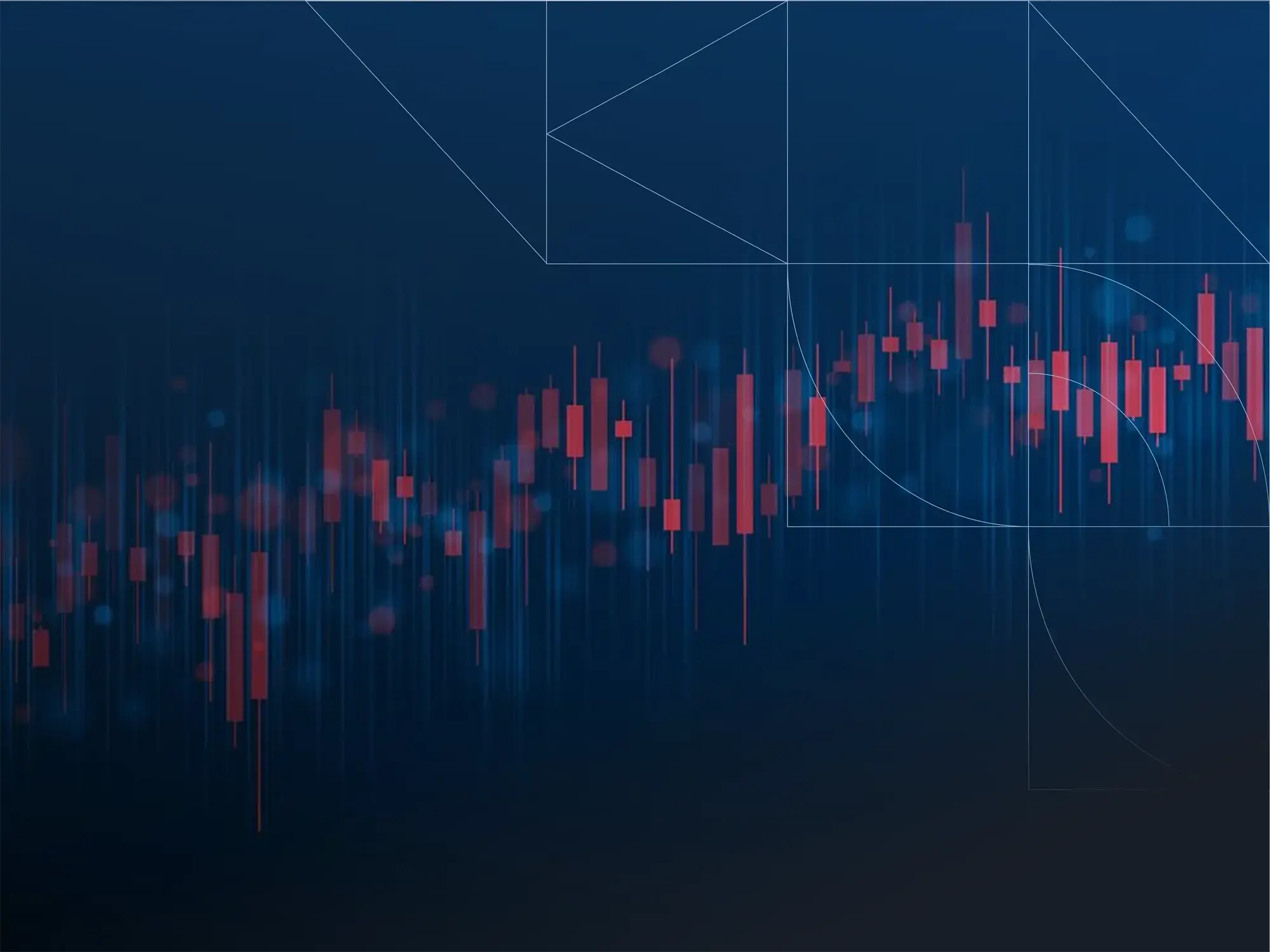 A stylized financial candlestick chart on a dark blue background, showing red candles with wicks representing price movements over time. Faint vertical lines and glowing dots create a data-visualization effect, while thin geometric curves and shapes overlay the chart, giving it a modern fintech or market-analysis design aesthetic.